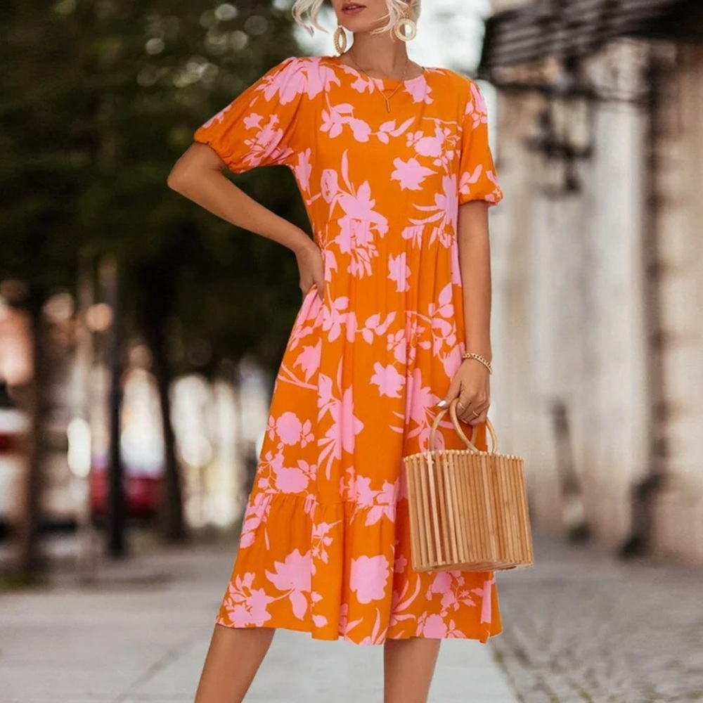 Floral Puff Sleeve Ruffle Hem Midi Dress- NWOT- Small